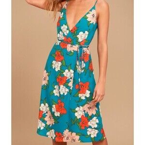 NWT Lulus S Country Club Teal Blue Floral Print Wrap Dress With Cut Out Back